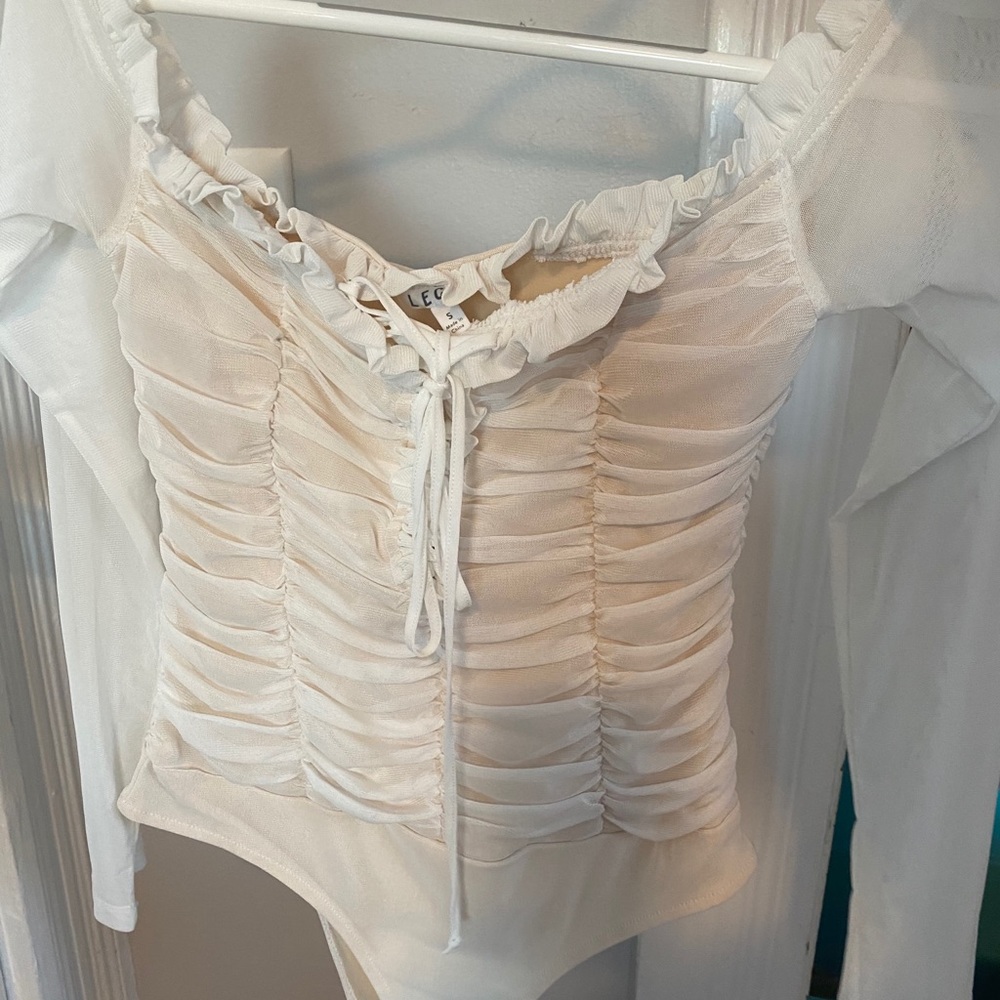 Ruched sheer nude and white bodysuit